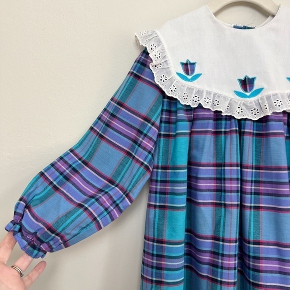 Vintage Kids Classics Girls Plaid Embroidered Collar Prairie Cottagecore Dress 6 - Picture 3 of 12